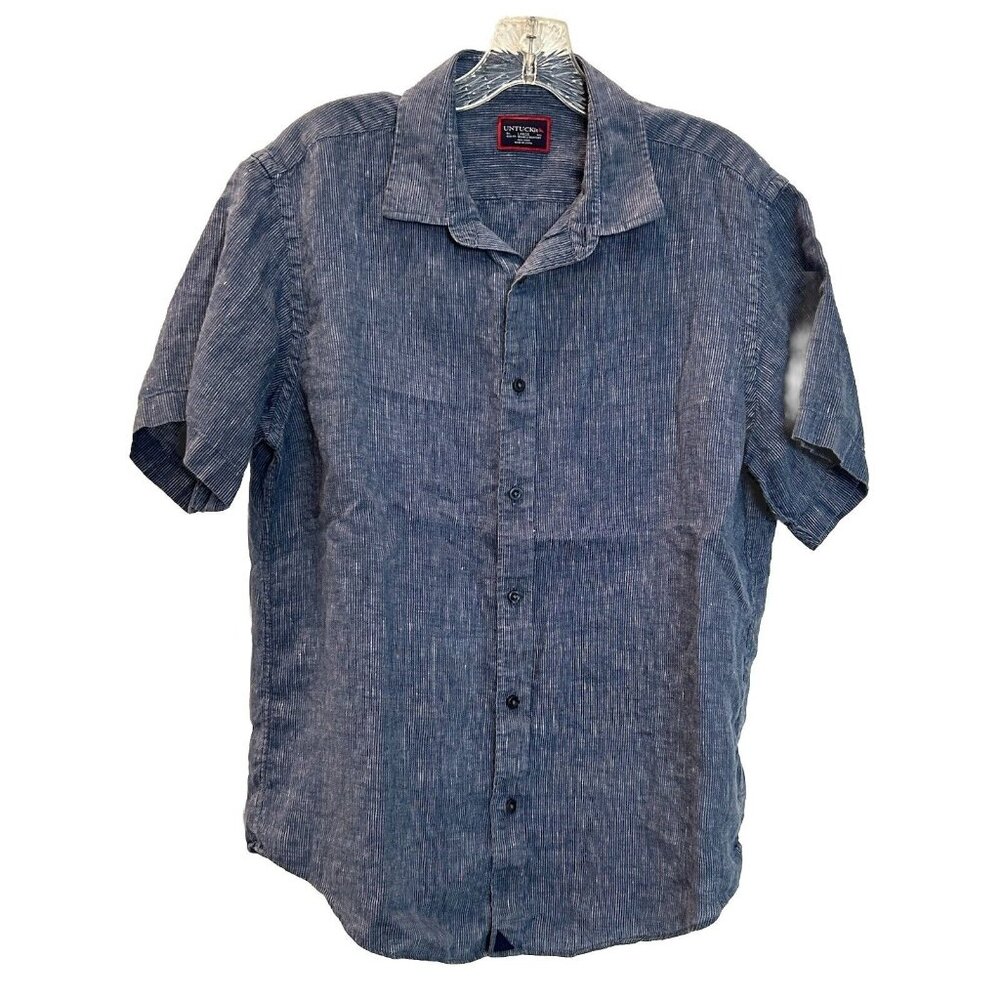 UNTUCKit Canon 100% Linen Button Up Shirt Mens L Slim Blue Striped Short Sleeve